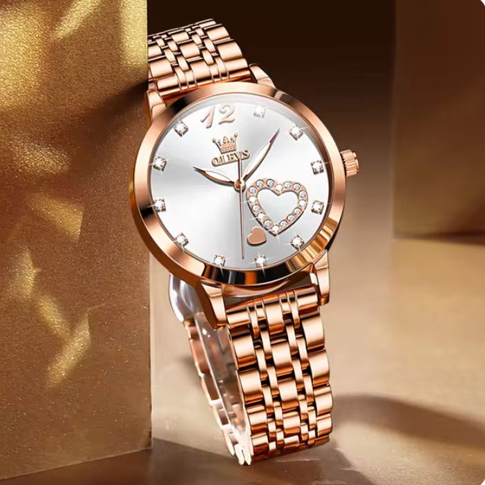 Women's Classic Stainless Steel Quartz Watch with Gem Heart - Waterproof