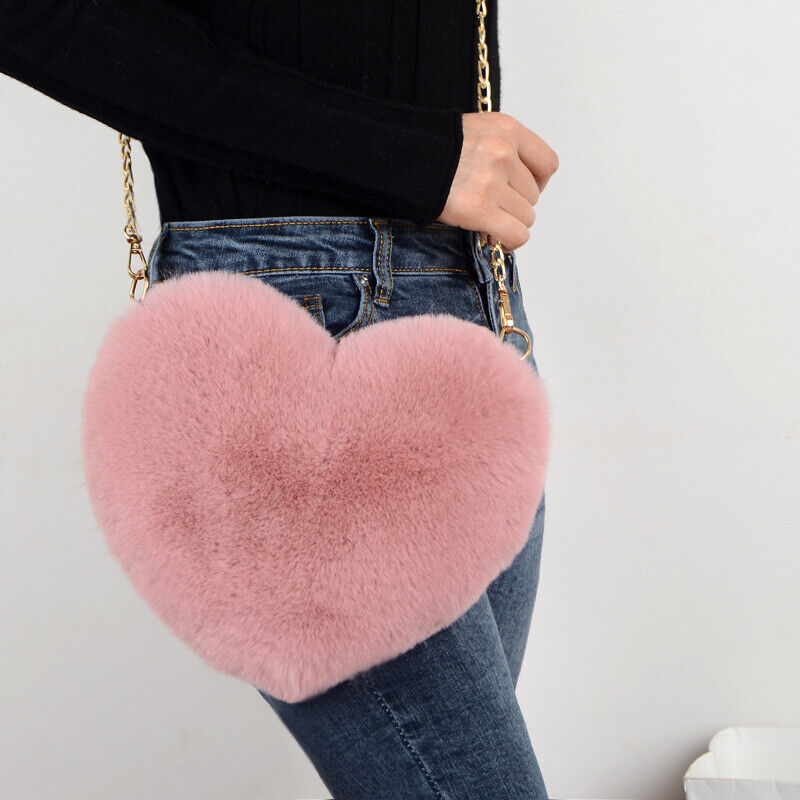 Women Faux Fur Shoulder Chain Bag Handbag Purse Furry Fluffy Heart Zip Cute Pink