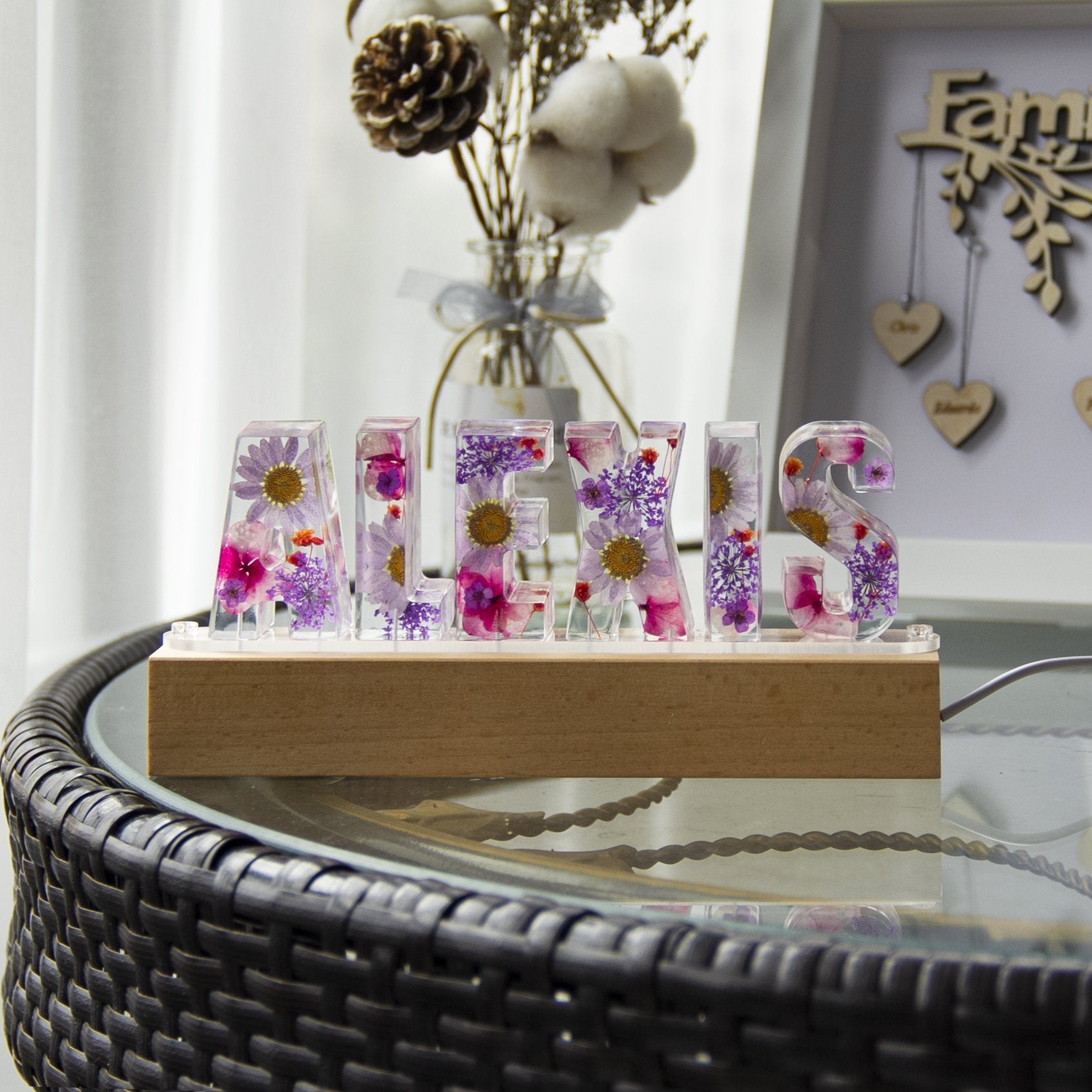 Dried Flowers Resin Name Letter Light