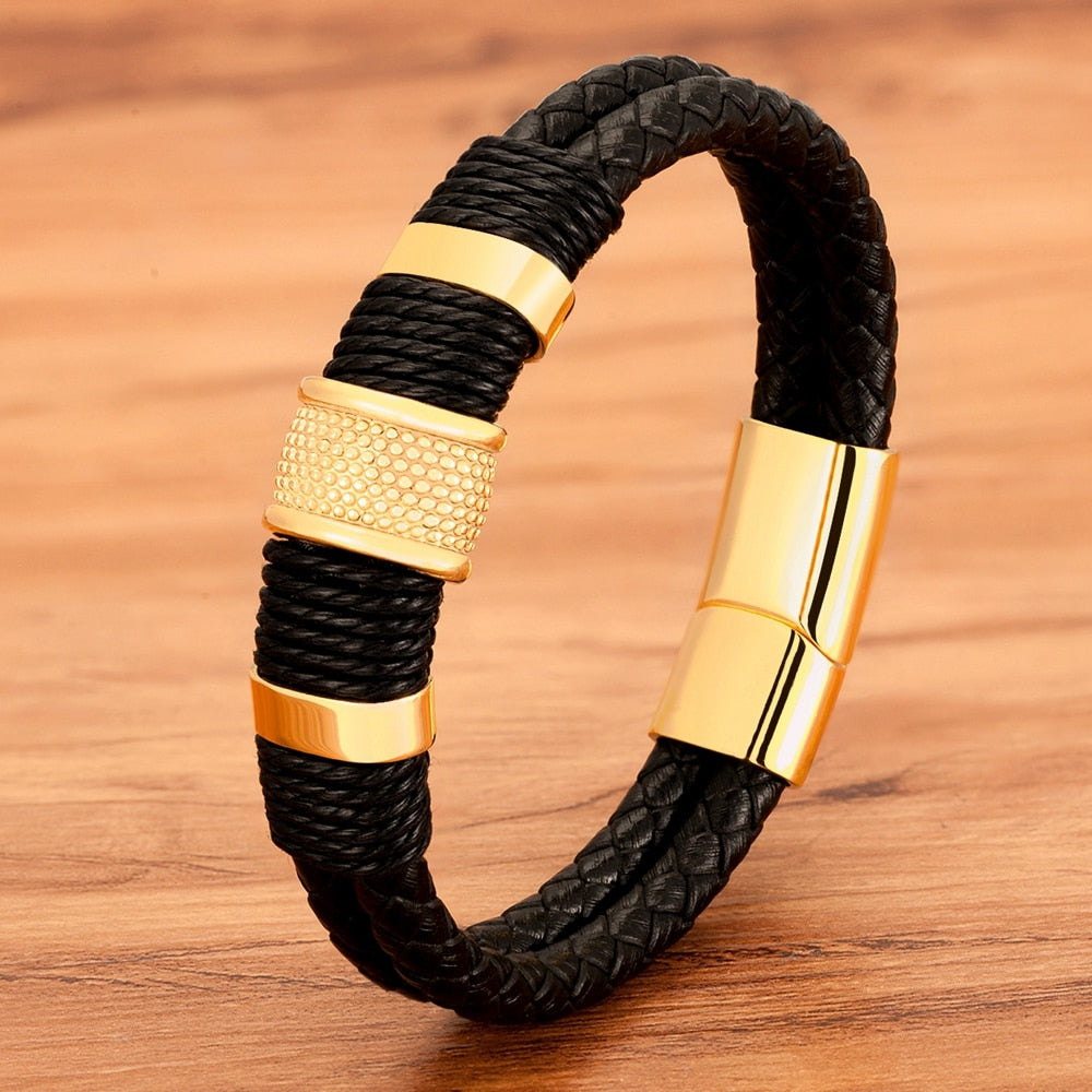 Woven Leather Rope Wrapping Stainless Steel Leather Bracelets