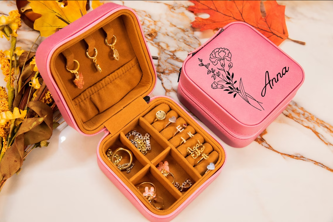 Personalized Birth Flower Jewelry Travel Case